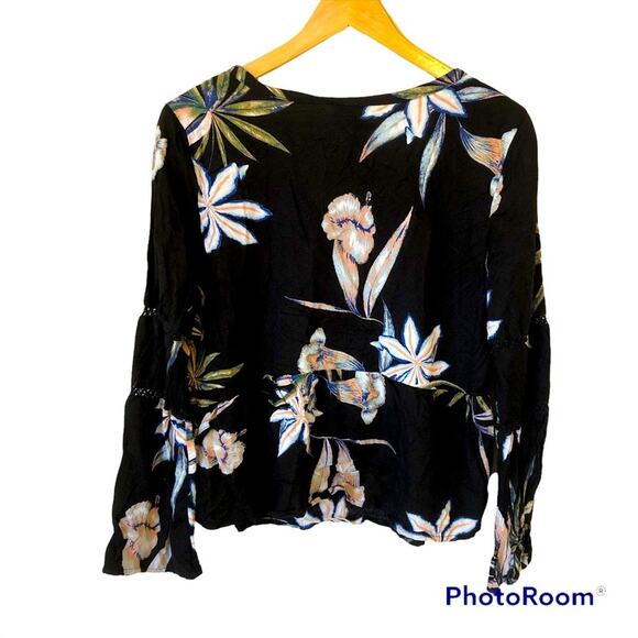 Roxy Floral Top Women’s Small Tropical Black Ruffle Hawaiian Surfer Summer - Picture 3 of 7